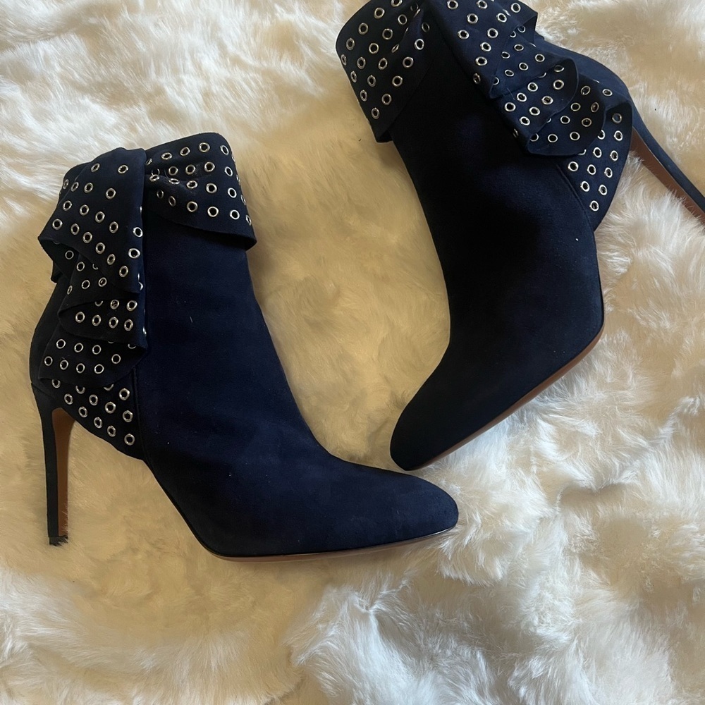 Alaia Paris Navy Suede Ankle Boots Heels with Grommet Ruffle Detailing 39.5/9.5